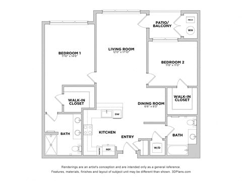 Floor plan for 2 beds, 2 baths, 1215 sqft